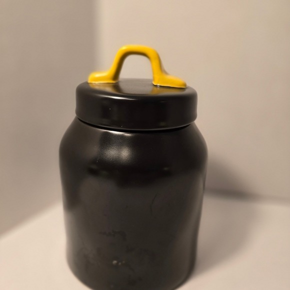 Rae Dunn Black Canister with Yellow Handle 'RAT TAILS' text - Picture 3 of 3
